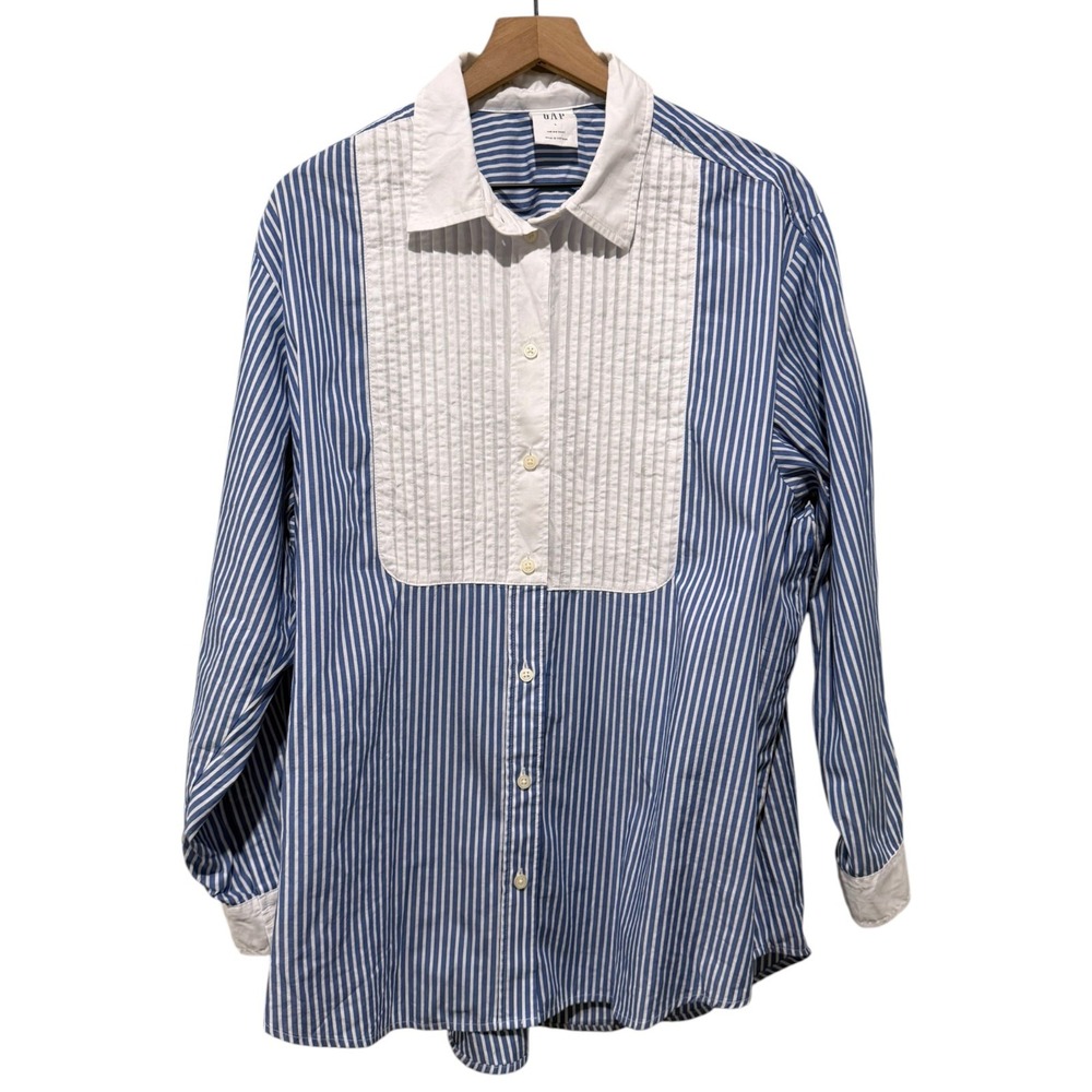 Gap The Big Shirt Women L Button Up Pleated Blue White Stripe Oversized Preppy